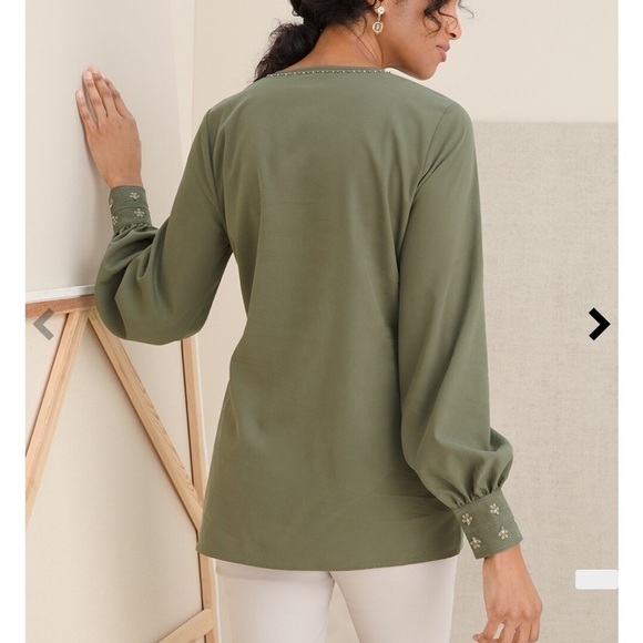 CHICO'S Embellished Peasant Blouse Fern Green Chico’s sz 2 US Women’s 12/14 - Picture 4 of 15